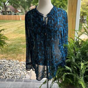 PLUS SIZE Liz Claiborne Sheer Long-sleeved Blouse Blue & Black size XXL